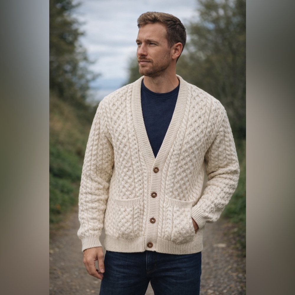 Traditional Aran Irish Fisherman Wool Cable Knit Button Cardigan. XL